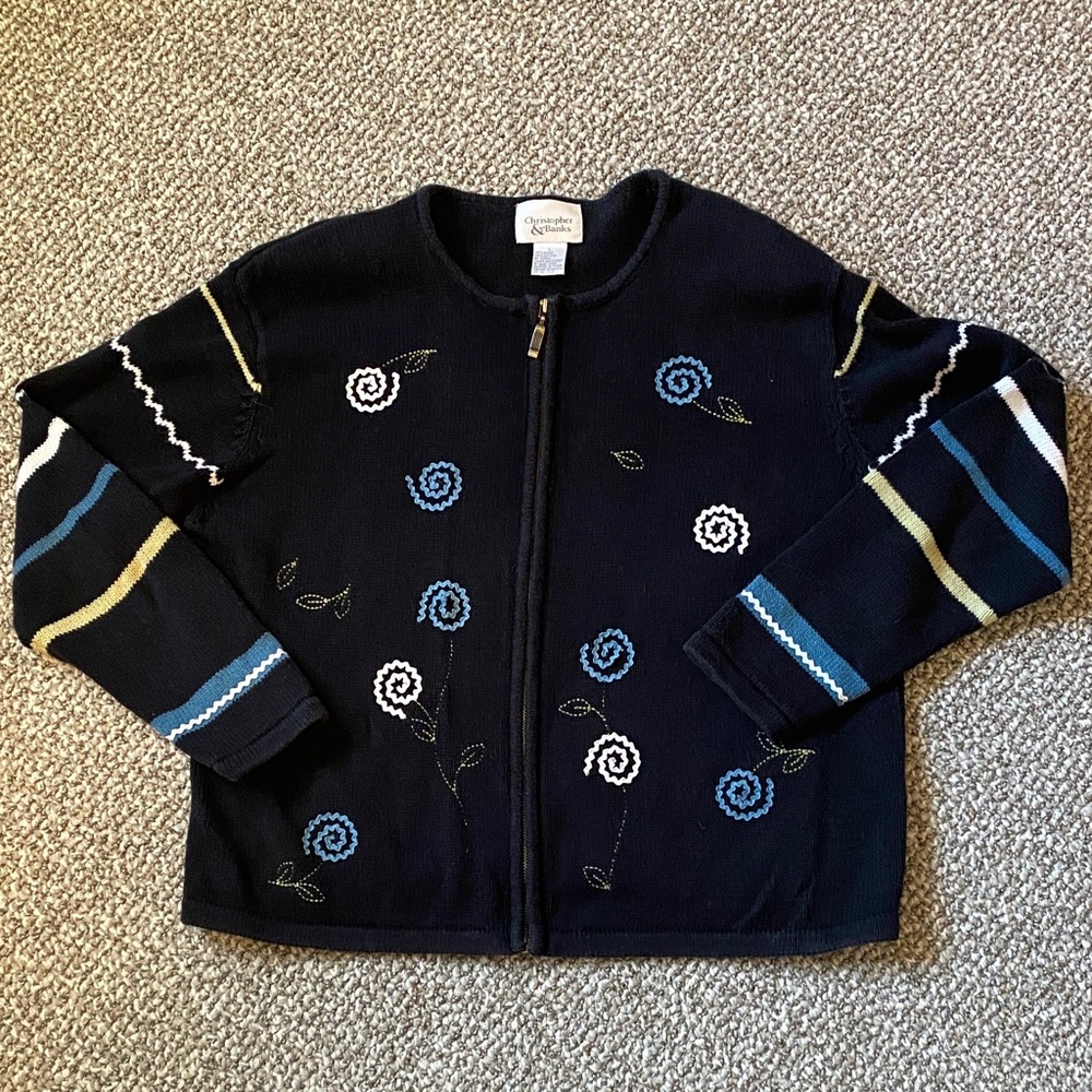 Christopher & Banks Retro Black Floral Zip Cardigan with Blue and Gold Stripes